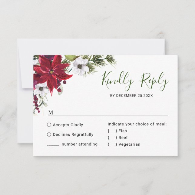 Elegant Red Poinsettia Watercolor Pine Fur Wedding RSVP Card (Front)