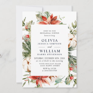 Elegant Red Poinsettia Watercolor REHEARSAL DINNER Invitation