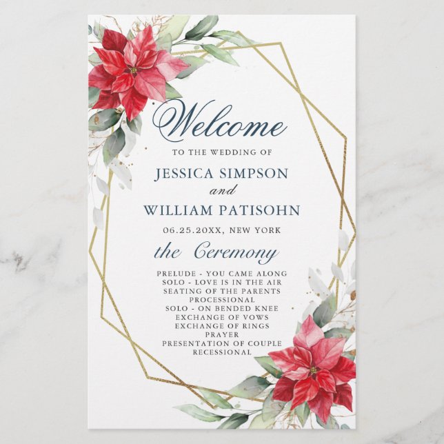 Elegant Red Poinsettia Wedding Ceremony Program (Front)