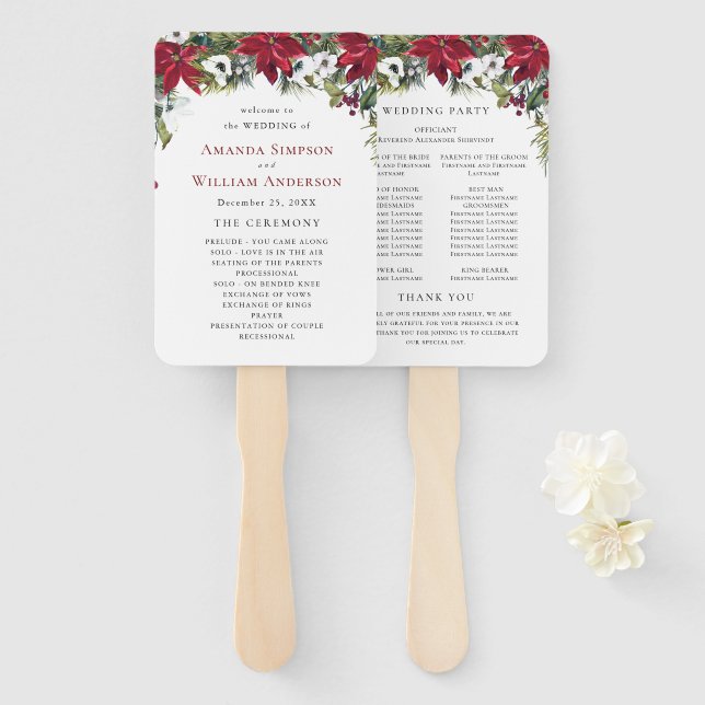 Elegant Red Poinsettia Wedding Ceremony Program Hand Fan (Front and Back)