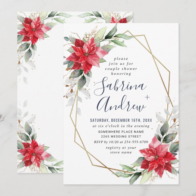 Elegant Red Poinsettia Winter Floral Couple Shower Invitation (Front/Back)