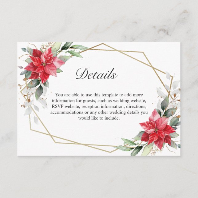 Elegant Red Poinsettia Winter Greenery Details Enclosure Card (Front)