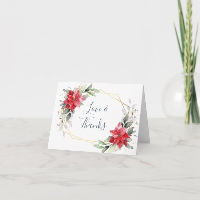 Elegant Red Poinsettia Winter Greenery Watercolor Thank You Card (Front)