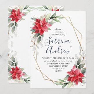 Elegant Red Poinsettia Winter Greenery Wedding Inv Invitation