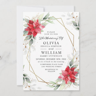 Elegant Red Poinsettia Winter Greenery Wedding Invitation