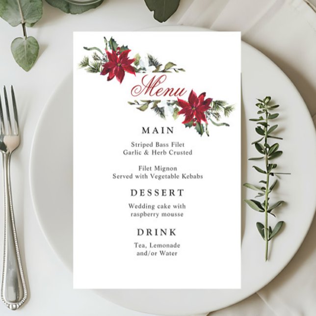 Elegant Red Poinsettia Winter Wedding Dinner Menu (Creator Uploaded)