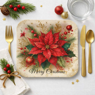 Elegant Red Poinsettia with Gold Christmas    Paper Plate