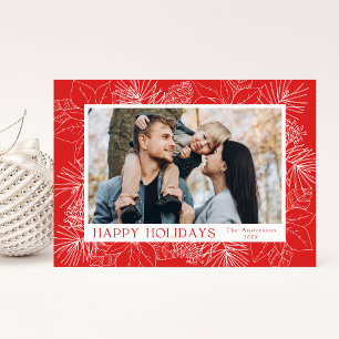 Elegant Red Poinsettias and Pine Cones Photo Holiday Card