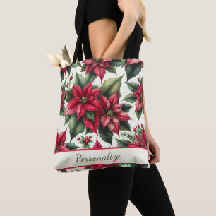 Elegant Red Poinsettias Green Leaves Personalized Tote Bag