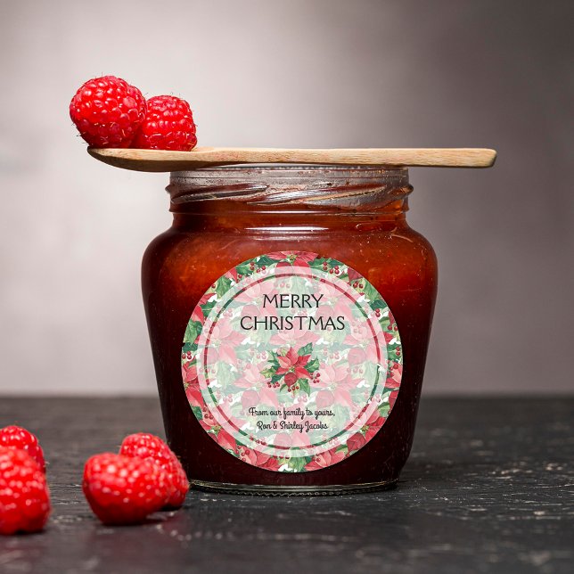 Elegant Red Poinsettias Merry Christmas Classic Round Sticker (Elegant Red Poinsettias Merry Christmas Round Stickers)