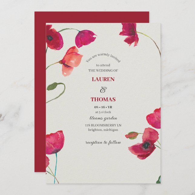 Elegant Red Poppies Floral Wedding Invitation (Front/Back)