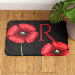 Elegant Red Poppies Monogram Black Bath Mat