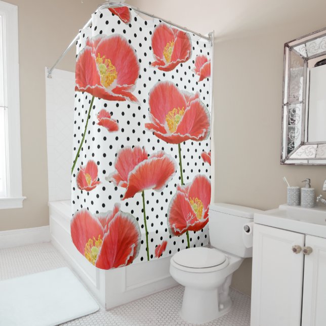 Elegant Red Poppies Polka Dots Chic Floral Shower Curtain (In Situ)