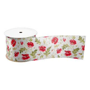 Elegant Red Poppies with Green Leaves Pattern Satin Ribbon
