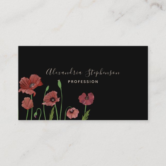 Elegant red poppy floral on black business card (Front)