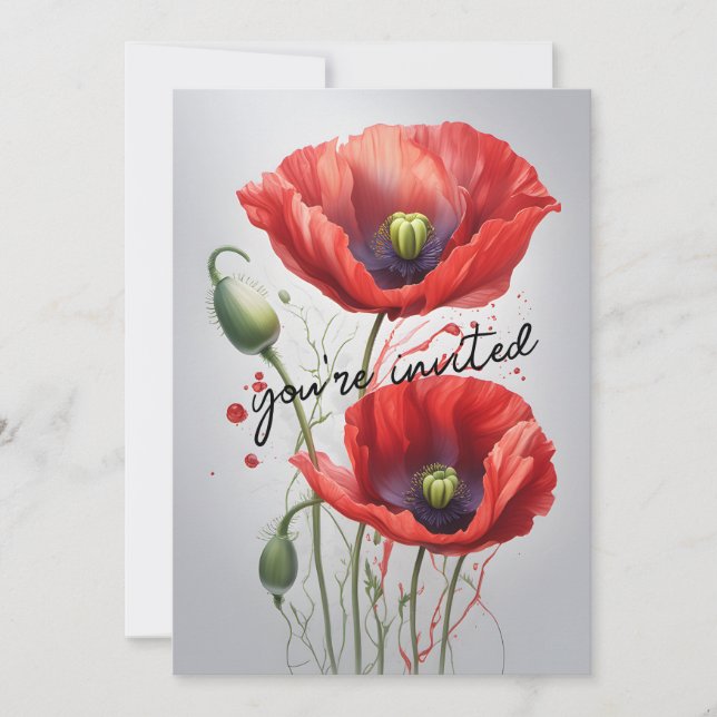 Elegant Red Poppy Flowers Blossom Floral Wedding Invitation (Front)