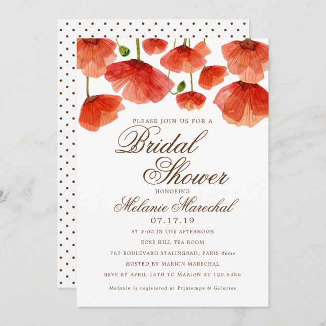 Elegant Red Poppy Flowers Bridal Shower Invitation (Front/Back)