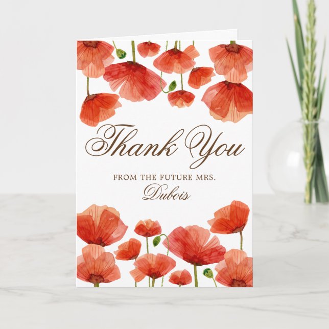Elegant Red Poppy Flowers Bridal Wedding Thank You Card (Front)