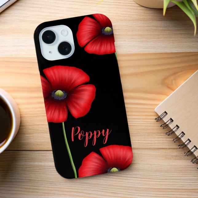 Elegant Red Poppy Flowers Name Floral Black Case-Mate iPhone Case (Love poppies? Pop your phone in this poppy phone case. Just add your name!)