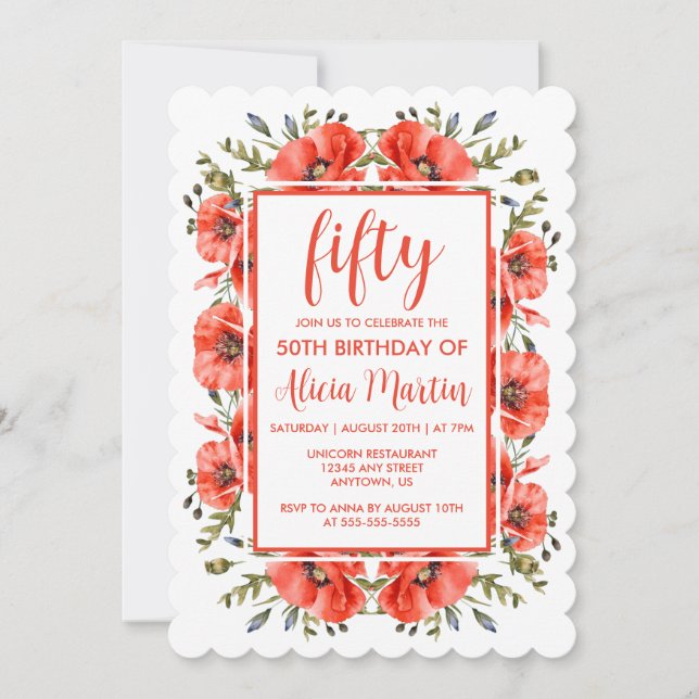 Elegant Red Poppy Greenery Fifty Birthday  Invitation (Front)