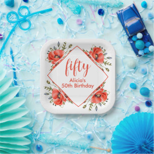 Elegant Red Poppy Greenery Fifty Birthday Paper Plate