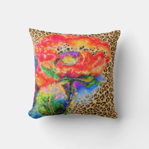 Elegant Red Poppy painting - leopard print Cushion