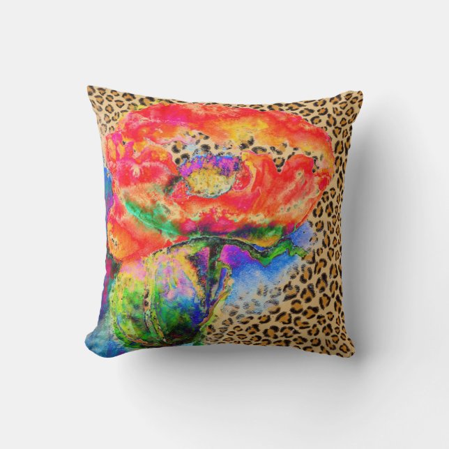 Elegant Red Poppy painting - leopard print Cushion (Front)