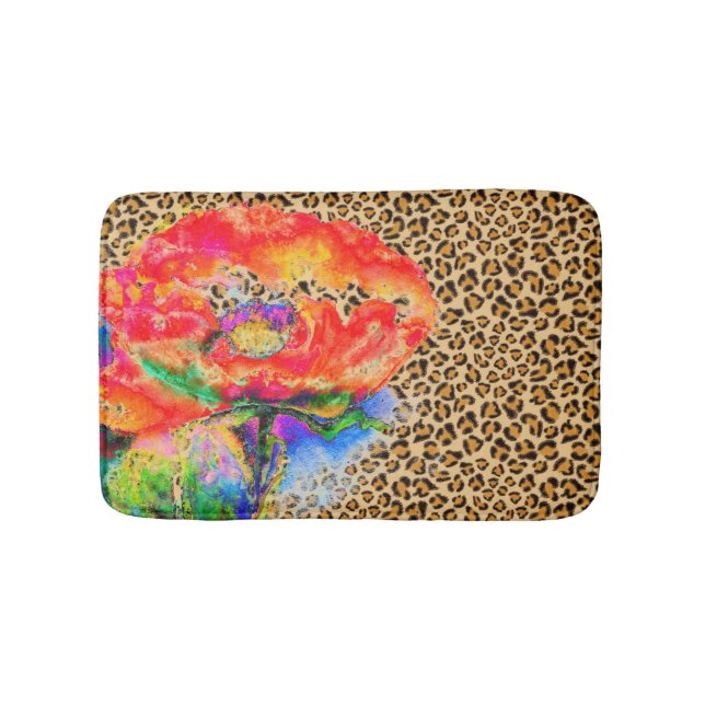Elegant red poppy red floral leopard cheeta accent bath mat (Front)
