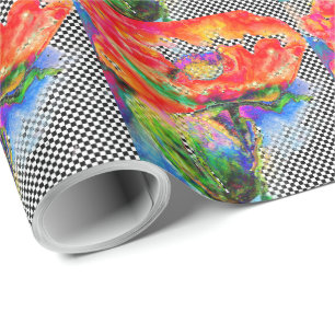 Elegant red poppy red floral watercolor chequered  wrapping paper