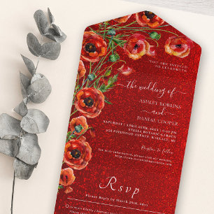 Elegant Red Poppy Romantic Roses Wedding All In One Invitation