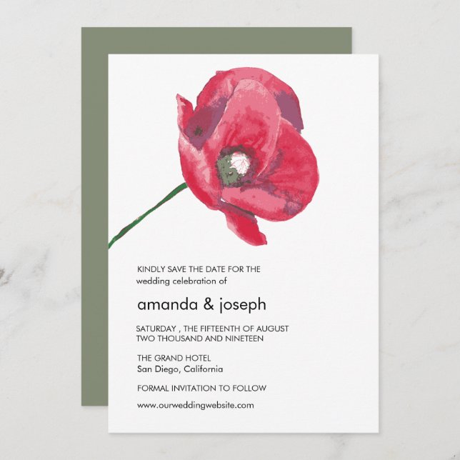 Elegant Red Poppy Wedding Save the Date Card (Front/Back)