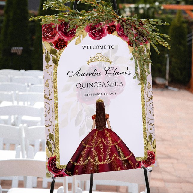 Elegant Red Princess Floral Quinceañera Birthday Poster (Creator Uploaded)