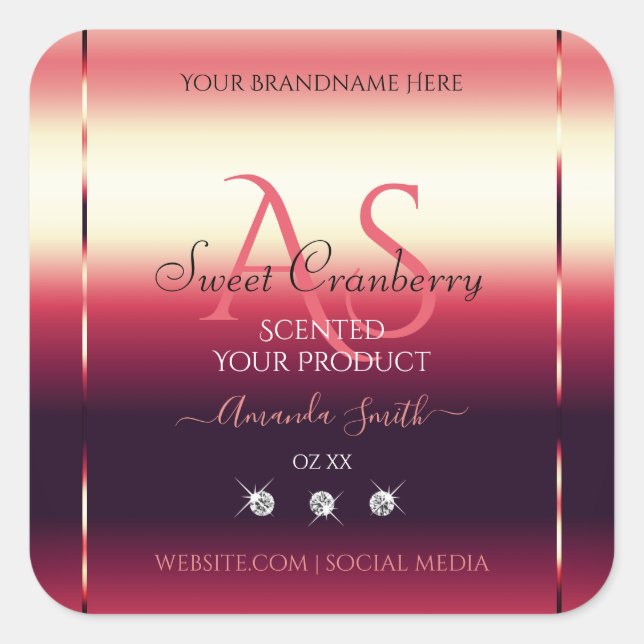 Elegant Red Product Labels Diamonds and Initials (Front)