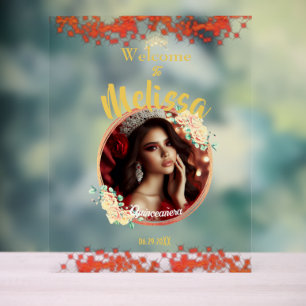 Elegant Red Quinceañera Celebration Spanish  Acrylic Sign