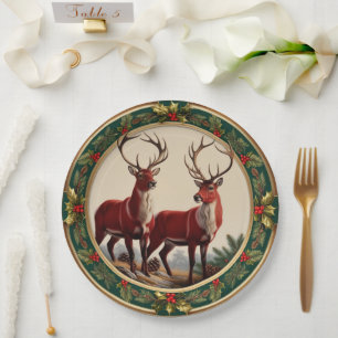 Elegant Red Reindeer Moose Gold Holly merry Xmas Paper Plate