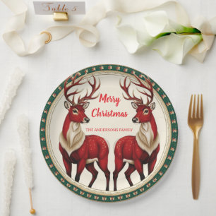 Elegant Red Reindeer Moose Gold snow merry Xmas Paper Plate