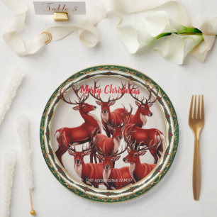 Elegant Red Reindeer Moose Gold snow merry Xmas Paper Plate
