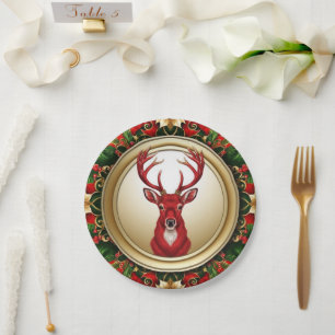 Elegant Red Reindeer Moose Gold snow merry Xmas Paper Plate