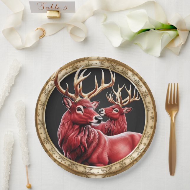 Elegant Red Reindeer Moose Gold snow merry Xmas Paper Plate (Wedding)