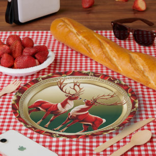 Elegant Red Reindeer Moose Gold snow merry Xmas Paper Plate