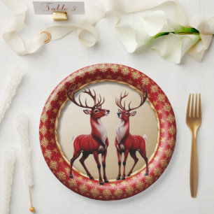 Elegant Red Reindeer Moose Gold snow merry Xmas Paper Plate