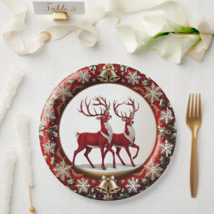 Elegant Red Reindeer Moose Gold snow merry Xmas Paper Plate