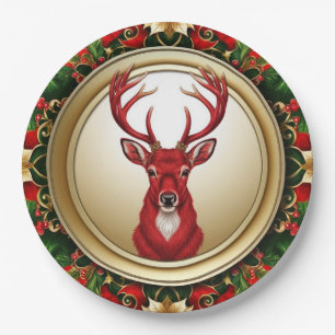 Elegant Red Reindeer Moose Gold snow merry Xmas Paper Plate