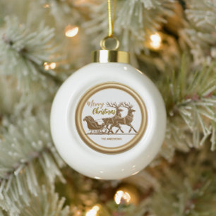 Elegant Red Reindeer Sled Gold Snow merry Xmas Ceramic Ball Christmas Ornament