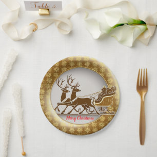 Elegant Red Reindeer Sled Gold Snow merry Xmas Paper Plate