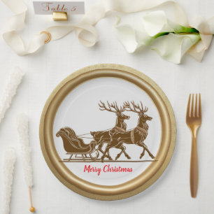 Elegant Red Reindeer Sled Gold Snow merry Xmas Paper Plate