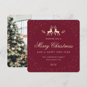 Elegant Red Reindeer Snowflake Photo Holiday Card