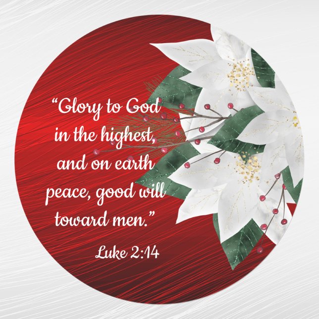 Elegant Red Religious White Poinsettia Christmas Classic Round Sticker (Creator Uploaded)