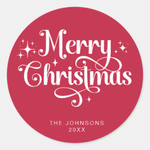 Elegant Red Retro Merry Christmas Script Custom Classic Round Sticker