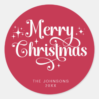 Elegant Red Retro Merry Christmas Script Custom Classic Round Sticker